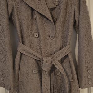 New York & Company Lace Double-Breasted Trench Coat - Grayish Mauve
